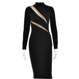 Round neck long sleeved patchwork dress