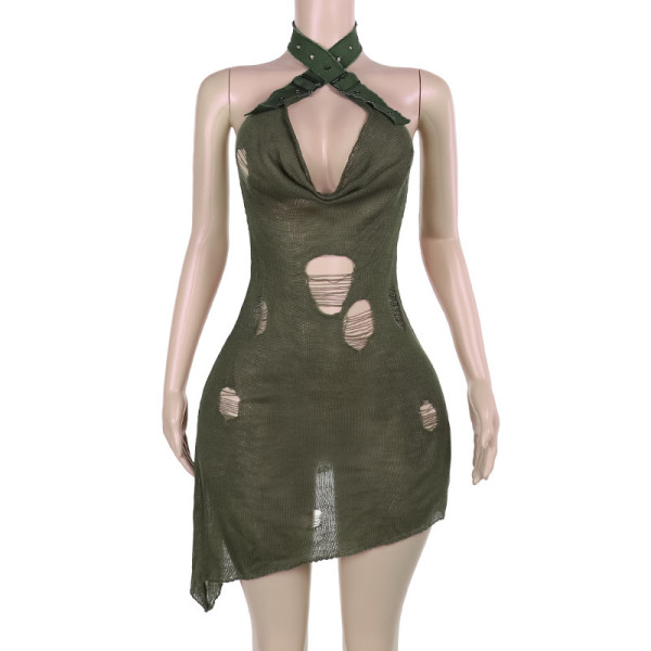 Hanging neck pocket collar hole sexy woolen open back dress