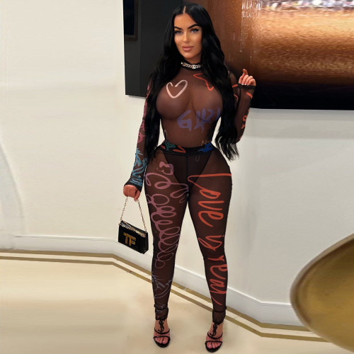 Positioning printing and perspective mesh tight fitting top and pants set