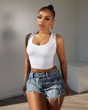 Embroidered elastic cross denim shorts