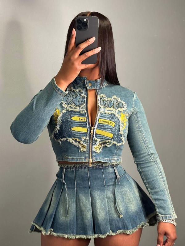 Elastic fabric embroidered top pleated skirt set
