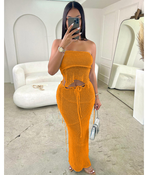 Women's sexy chest wrap, backless lace up, backless top, tassel knit set
