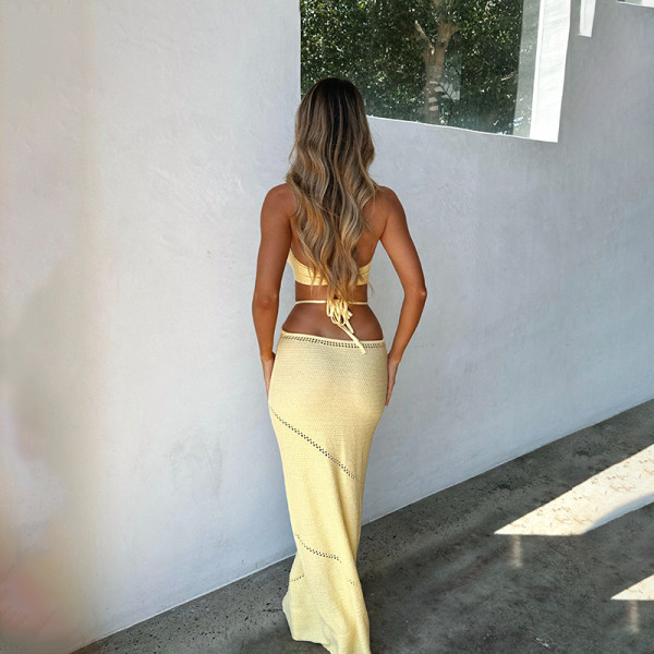 Solid color sexy knitted hollow out beach bikini swimsuit cover up