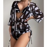 High waisted printed drawstring three piece bikini set