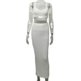 Knitted suspender wrapped chest solid color wrapped buttocks long skirt two-piece set