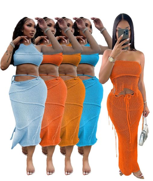 Women's sexy chest wrap, backless lace up, backless top, tassel knit set