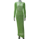Sexy hollow out perspective vacation solid color backless knitted long skirt