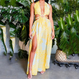 Sexy printed cross tie V-neck slit dress