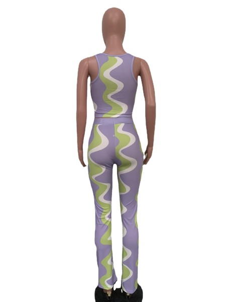 Women's sexy sleeveless positioning digital printed pit stripe two-piece set