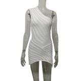 Spliced slanted shoulder hollowed out perspective solid color sexy knitted dress