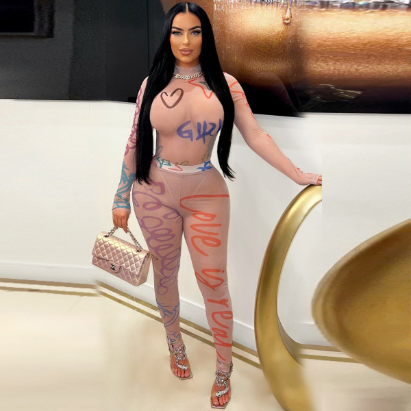 Positioning printing and perspective mesh tight fitting top and pants set