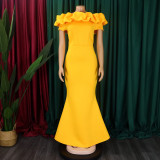 Solid color fishtail skirt with wooden ear edge slim fitting evening dress long skirt