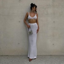Knitted suspender wrapped chest solid color wrapped buttocks long skirt two-piece set Knitted suspender wrapped chest solid color wrapped buttocks long skirt two-piece set