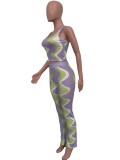 Women's sexy sleeveless positioning digital printed pit stripe two-piece set