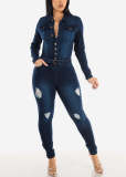Slim fit, elastic, tight fitting, perforated, washed long sleeved denim jumpsuit