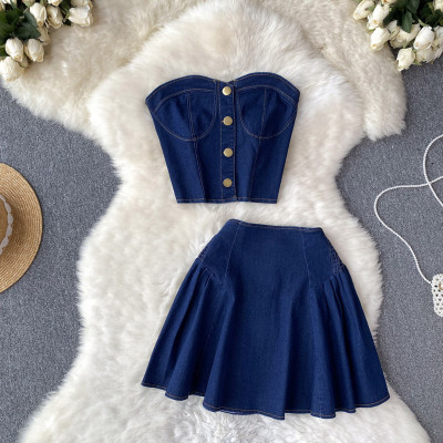 Short denim strapless vest top two-piece set