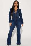 Slim fit elastic bell mouth washed long sleeved denim jumpsuit jumpsuit