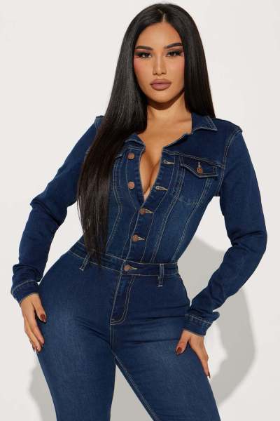 Slim fit elastic bell mouth washed long sleeved denim jumpsuit jumpsuit