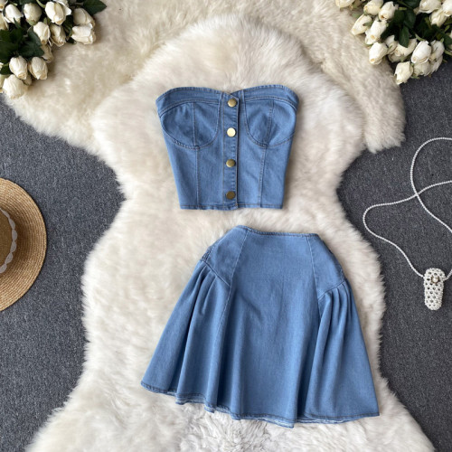 Short denim strapless vest top two-piece set