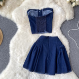 Short denim strapless vest top two-piece set
