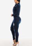 Slim fit, elastic, tight fitting, perforated, washed long sleeved denim jumpsuit