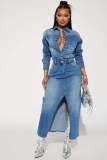 Women's long sleeved denim trench coat cardigan denim cape dress