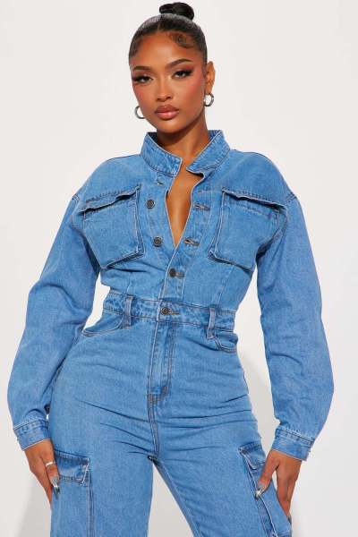 Elastic organ bag washed denim jumpsuit jumpsuit flared pants work pants