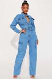 Elastic organ bag washed denim jumpsuit jumpsuit flared pants work pants