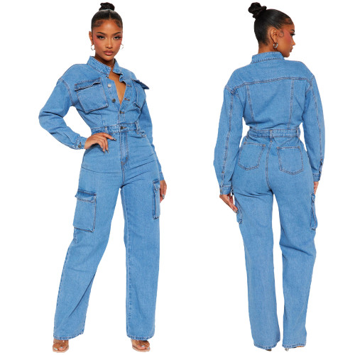 Elastic organ bag washed denim jumpsuit jumpsuit flared pants work pants