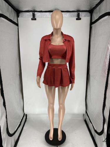 Water washed printed shirt, vest, short skirt, three piece set