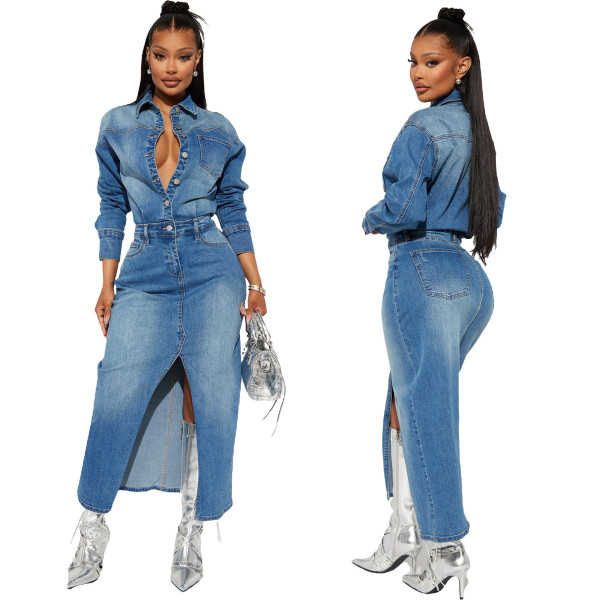 Women's long sleeved denim trench coat cardigan denim cape dress