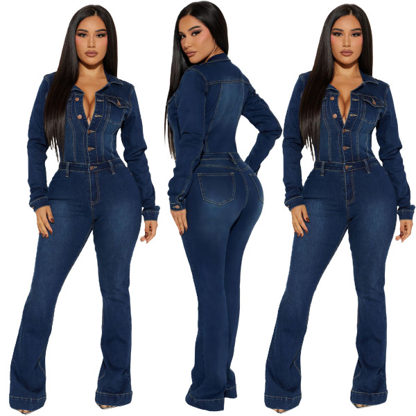 Slim fit elastic bell mouth washed long sleeved denim jumpsuit jumpsuit
