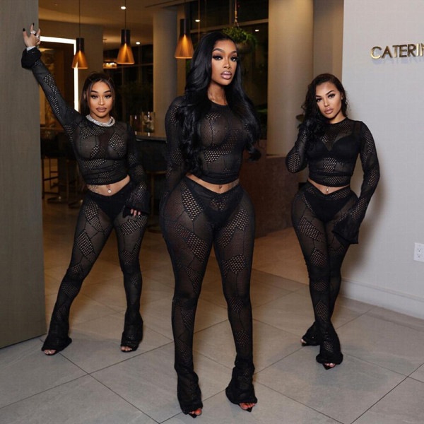 Hollow Knitted Short Top High Waist Tight Pants Set