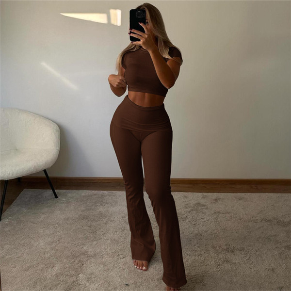 Slim fit exposed navel short sleeved T-shirt high waisted tight casual pants set