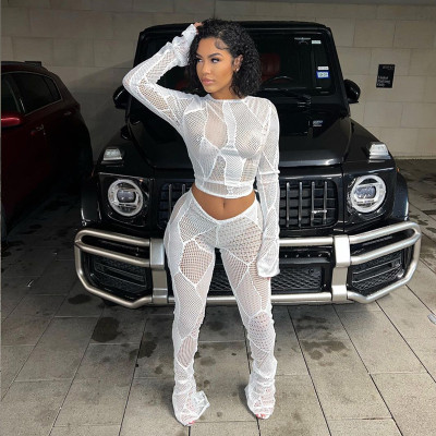 Hollow Knitted Short Top High Waist Tight Pants Set
