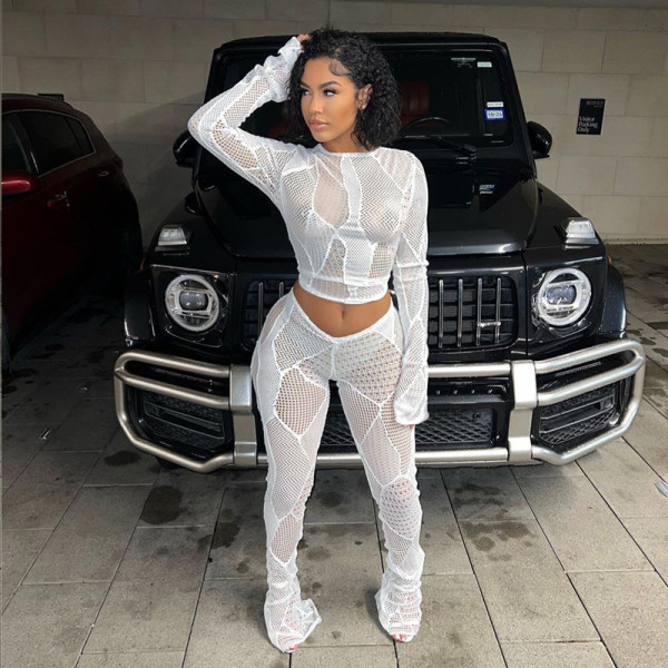 Hollow Knitted Short Top High Waist Tight Pants Set