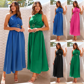 Slim fit single shoulder metal ribbon formal dress