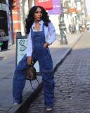 Washed denim loose multi pocket jumpsuit with shoulder straps