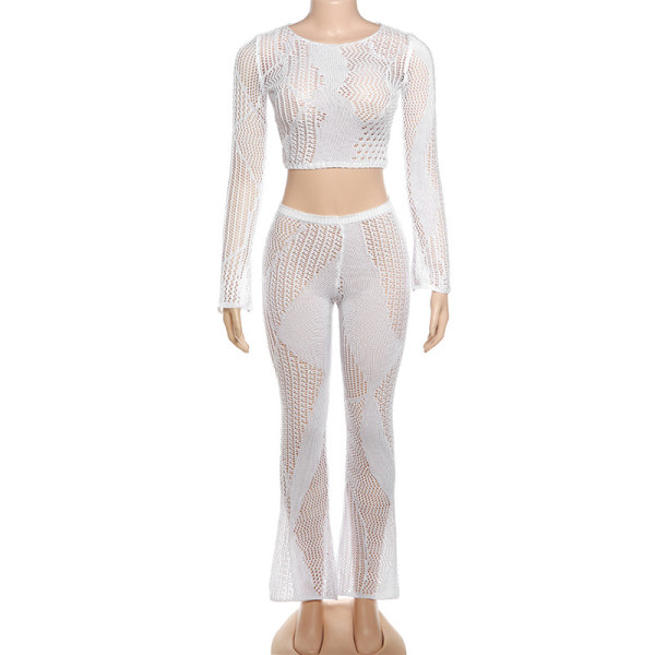 Hollow Knitted Short Top High Waist Tight Pants Set