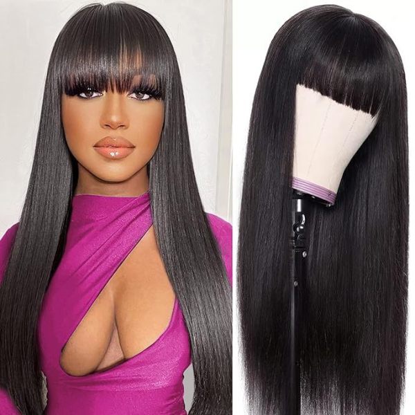 Women's long straight hair, women's straight bangs, black long straight wig headband