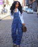 Washed denim loose multi pocket jumpsuit with shoulder straps