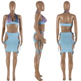 V-neck hollow lace up short skirt with patchwork color fashionable two-piece set
