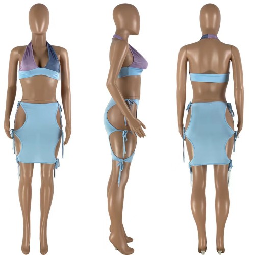 V-neck hollow lace up short skirt with patchwork color fashionable two-piece set