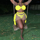 Solid color mesh splicing, perspective hanging neck strap, lace swimsuit three piece set