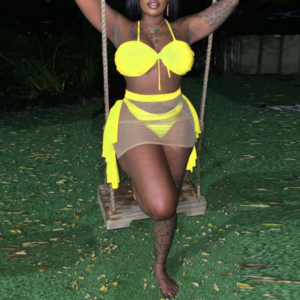 Solid color mesh splicing, perspective hanging neck strap, lace swimsuit three piece set