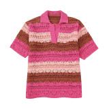 Women's fashion striped large silhouette knitted sweater high waisted shorts set