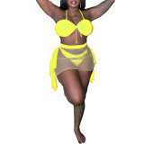 Solid color mesh splicing, perspective hanging neck strap, lace swimsuit three piece set