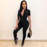 Solid color lapel short sleeved single breasted jumpsuit