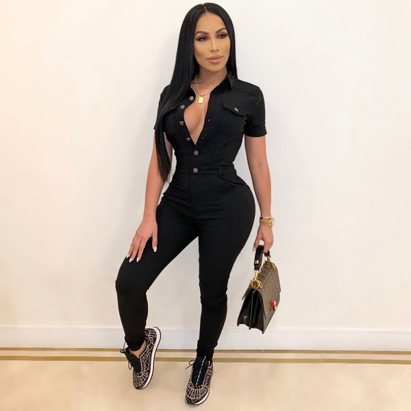 Solid color lapel short sleeved single breasted jumpsuit