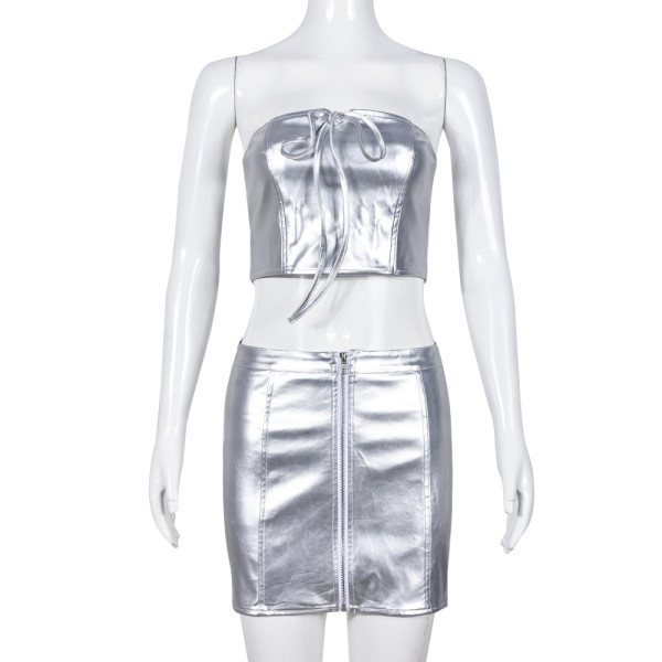 Chest wrapped, navel exposed, lace up top with high elasticity, hip wrapped skirt set